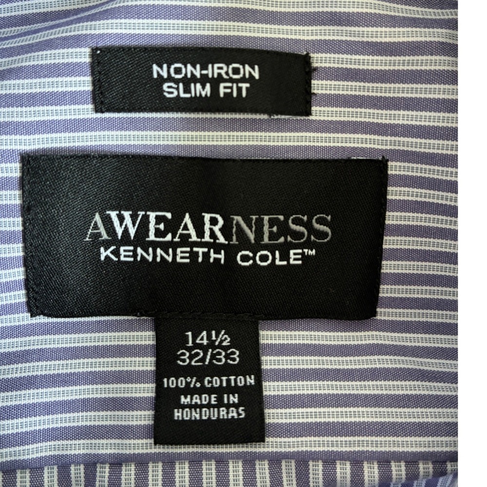 Awearness Kenneth Cole Mens Blue Striped Slim Fit Non-Iron Shirt 14.5 32/33 - Picture 4 of 8